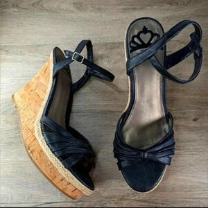 Fergalicious black leather strapy wedge heels size 9
